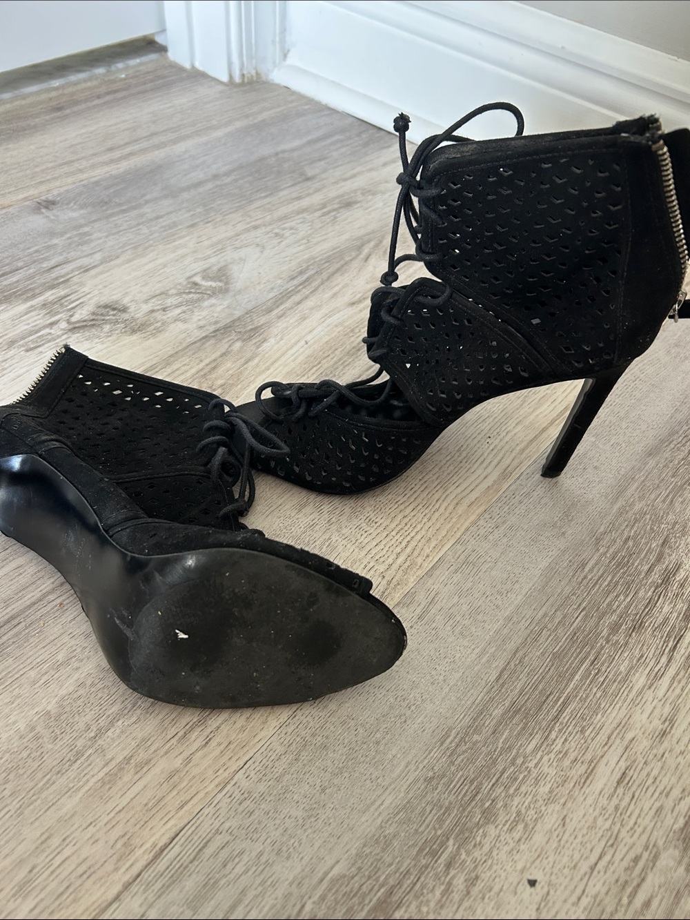 Zara Black Perforated Lace-Up Stiletto Ankle Boots